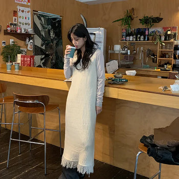 Theme Fringe Knit Sleeveless Long Dress
