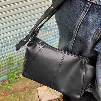 Canve studded strap leather shoulder bag