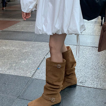 Bion Shirred Buckle Suede Boots