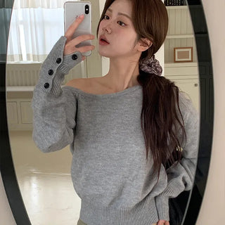 Ribbed Asymmetrical Shoulder Sleeve Button Knit