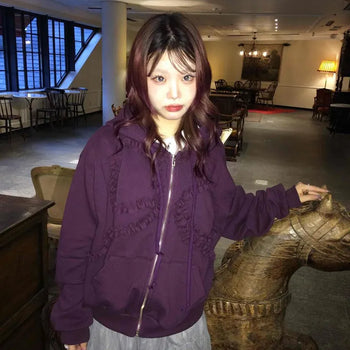 Big Ribbon Frill Decorated Zip-Up Hoodie
