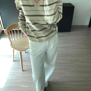 Retro Multi-Line Stripe Loose Fit V-Neck Knit