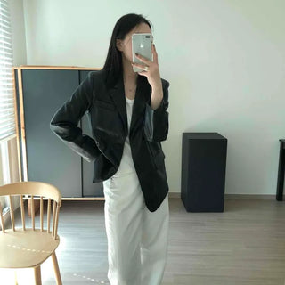Notch Collar Faux Leather Tailored Jacket