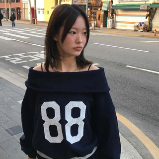 Off-shoulder 88 Lettering Oversized Loose Fit Sweatshirt