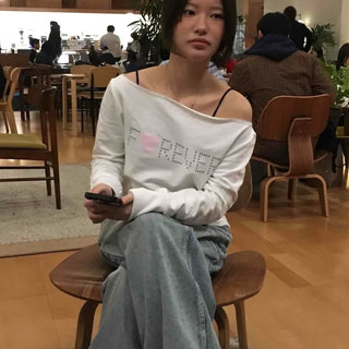 Lettering Wide Off-Shoulder Loose Fit Sweatshirt