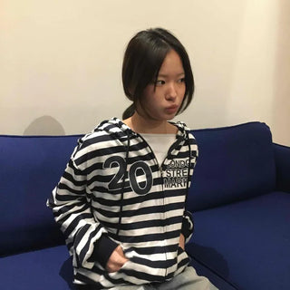 Numbering Wide Stripe Oversized Zip-Up Hoodie