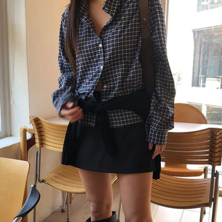 Denny Women's Check Long Sleeve Spring Inner Loose Fit Short Layered Shirt