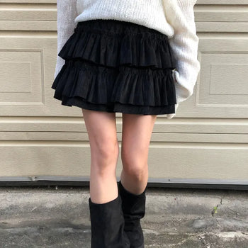 Popcorn Tiered Velvet Ruffle Mini Skirt