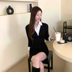 Shirt Collar Layered Slim Knit Mini Dress