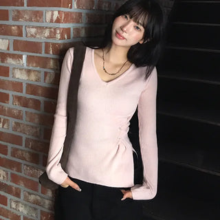 Side Button Ribbed V-Neck Knit