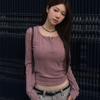 Minute Ribbed Front Button Long Sleeve Knit
