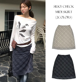 Silky Check Midi Skirt
