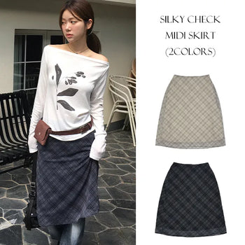 Silky Check Midi Skirt