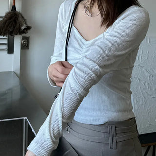 Front Shirred Eyelet Punched Long Sleeve Tee