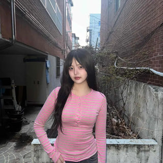 Innocent and Delicate Slim Fit Striped Henley Neck Long Sleeve T-shirt