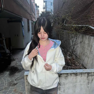 Loose-fit Check Hoodie Simple Plain Basic Zip-up