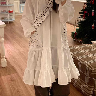 Puff Sleeve Dot Layered Back Ribbon Tiered Mini Dress