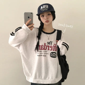 Full of cuteness, hip mood color-block round neck lettering print track boxy oversized sweatshirt