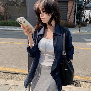 Knotting Check Loose Fit Shirt, Small Check Oversized Shirt, Navy, Transitional Spring Outerwear Cardigan
