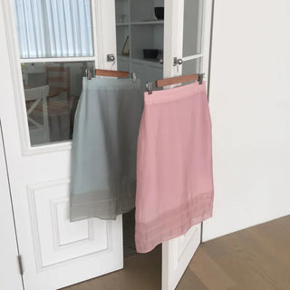 Colored Chiffon Lace Midi Skirt, Elastic Waist, H-Line, See-through Layered Skirt