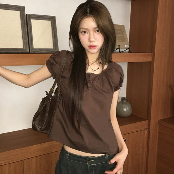 Mocha Mousse Short Sleeve Button Blouse
