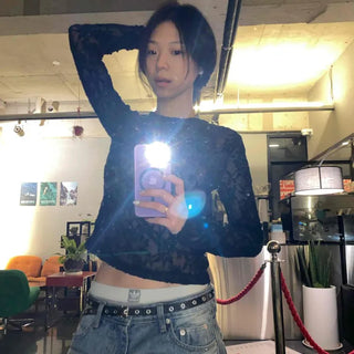 Crop-length Floral See-through Slim Fit Round Neck Long Sleeve Top