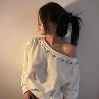 Round Neck Star Stud Eyelet Loose Fit Sweatshirt