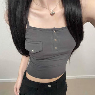 Snap Button Square Neck Chest Pocket Crop Sleeveless