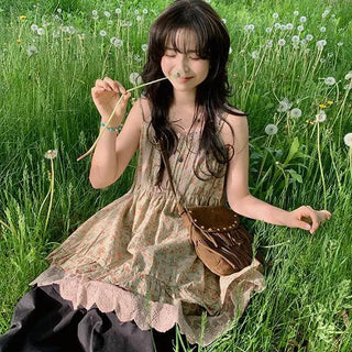 Aoi Flower Pintuck Mini Dress Vintage Lace Frill Shirred Layered Sleeveless Bustier Mori Girl Mori Woman