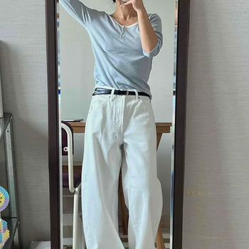 French Color Block Button Dot Slim Fit 3/4 Sleeve T-shirt