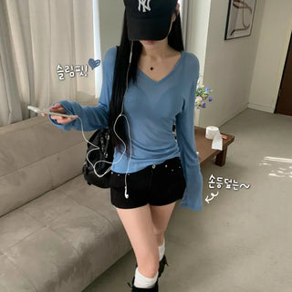 [Body Correction] Tencel Slim Cover Basic V-Neck Long Sleeve T-Shirt