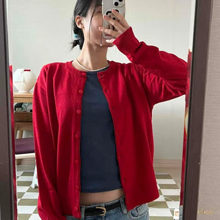 Round Neck Button Mid-Length Knit Cardigan