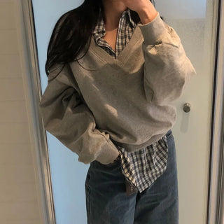 Beat Women's Loose Fit Oversized Check Layered Collar Shirt