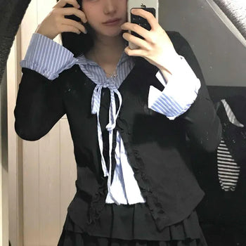 Shirt Collar Ribbon String Striped Shirred Cuff Layered Long Sleeve T-shirt