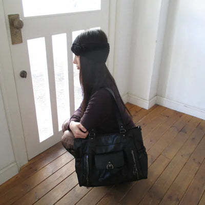Black pin zipper shoulder crossbody bag