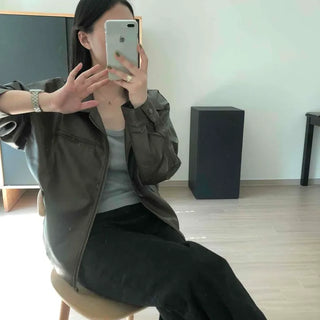 Pocket Detail Zip-Up Shirt Collar Loose Fit Leather Jacket
