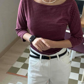 Slim Fit Boat Neck Fine Stripe 3/4 Sleeve T-shirt