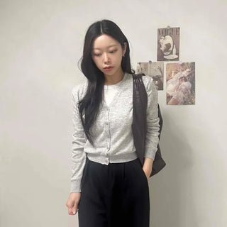 Slim Fit V-Neck Ribbed Button Crop Knit Cardigan