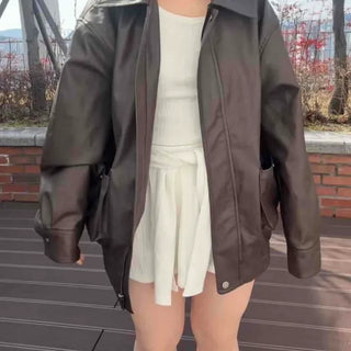 Oversized Leather Big Collar Front Zipper Jacket