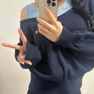Off-shoulder Color Block Layered Loose Fit Knit