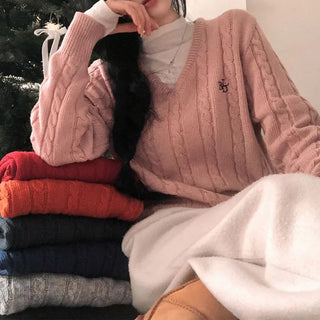 Crayon Cable Knit V-Neck Embroidered Cable Knit