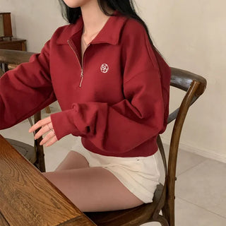 Latte Collar Half-Zip Semi-Crop Embroidered Sweatshirt