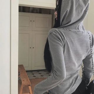 Snap-button Striped Long-sleeve Hoodie