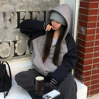 Favor Color Block Lettering Fleece Zip-up Hoodie