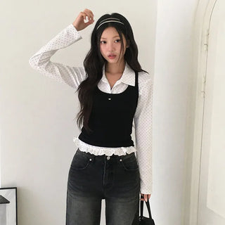 Tweety Dot Frill Collar Long Sleeve T-shirt