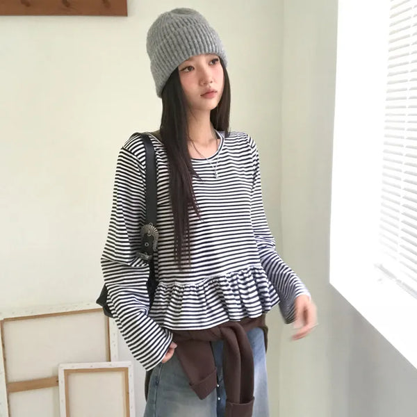 Woven Striped Frill Long Sleeve Tee