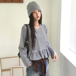 Woven Striped Frill Long Sleeve Tee