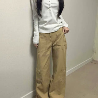 Cargo pocket wide cotton straight long pants