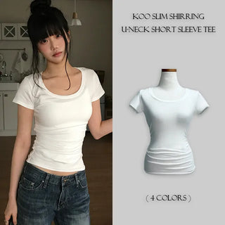 Coo Slim Shirred U-Neck Short Sleeve T-Shirt