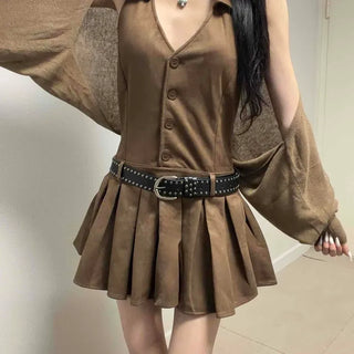 Tiered Pleated V-Neck Halter Bolero Mini Dress